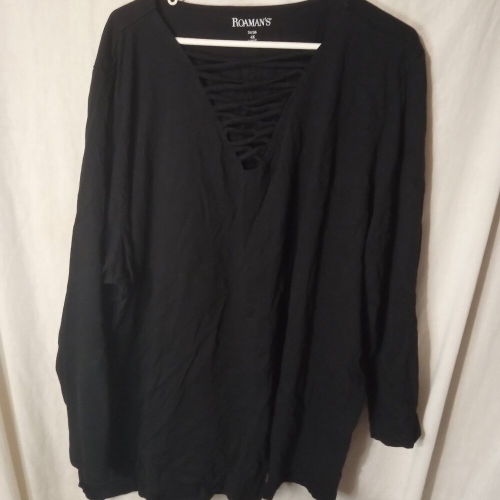 (B) Roaman's Woman's 3/4 Sleeve Criss Cross Front Blouse 4X Black